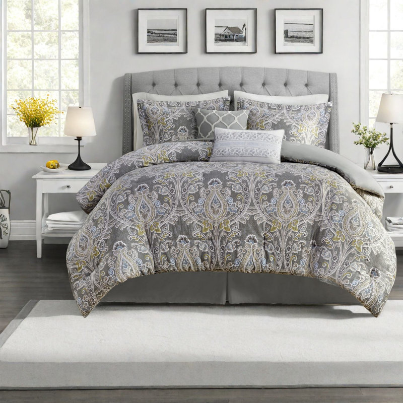 Oversized Bedding Sets Cotton Cal King, Grey Damask For Modern Home