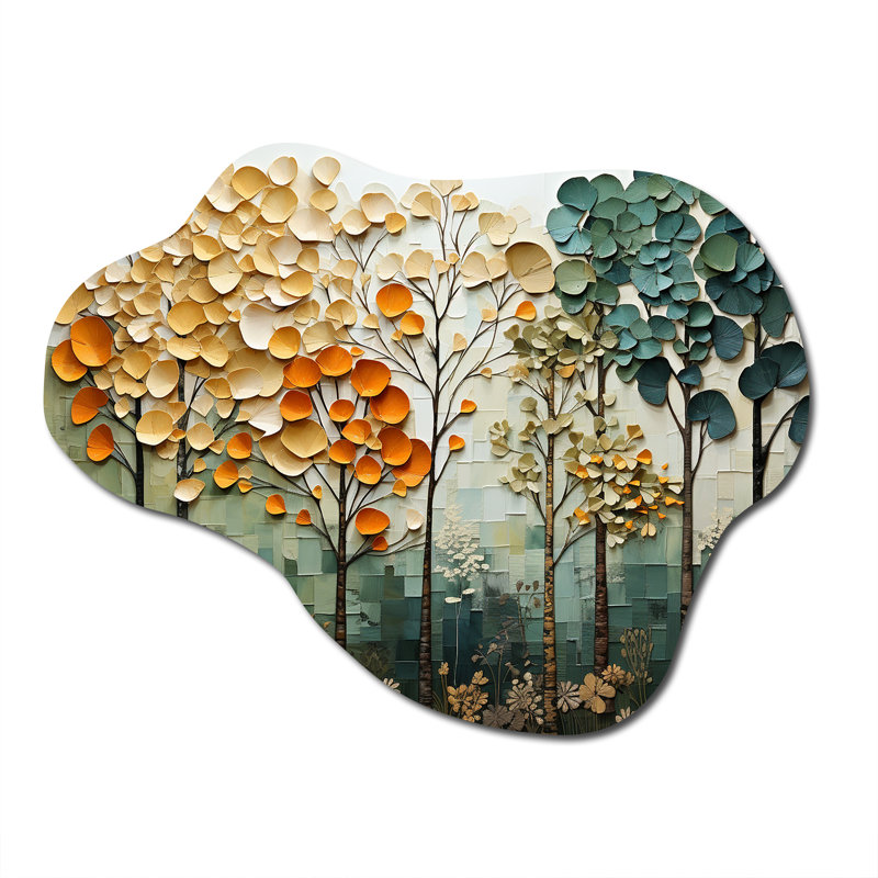 «Orange Green Trees Canopy Patchwork I», impression de nuage d'arbres sur métal, décoration murale asymétrique traditionnelle en métal