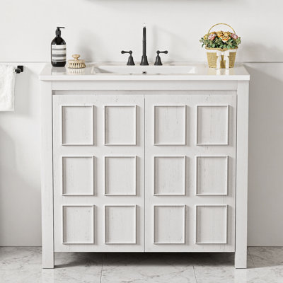 36" Handcrafted Bathroom Vanity with Ceramic Sink, Antique White Storage Cabinet & Soft-Close Doors