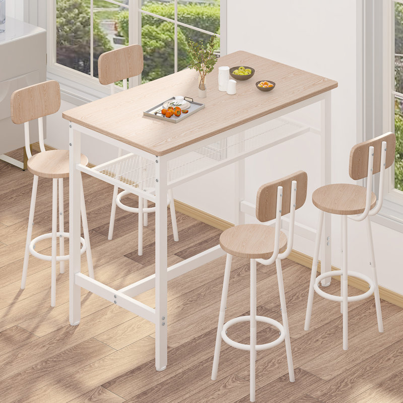 Lysle 5-Piece Industrial Bar Table Set with Metal Shelf, Dining Set, Counter Height Table & 4 Bar Stools, Natural Wood, White