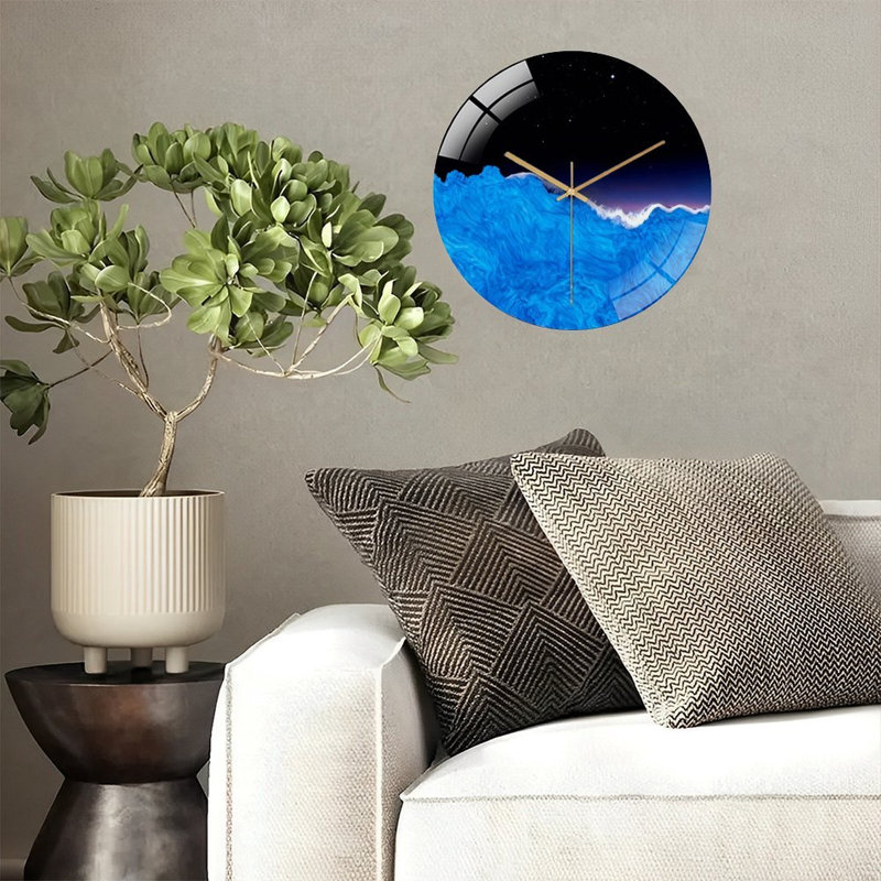 Horloge murale 12 po ronde en verre trempé avec mouvement à quartz silencieux, Bleu étoilé