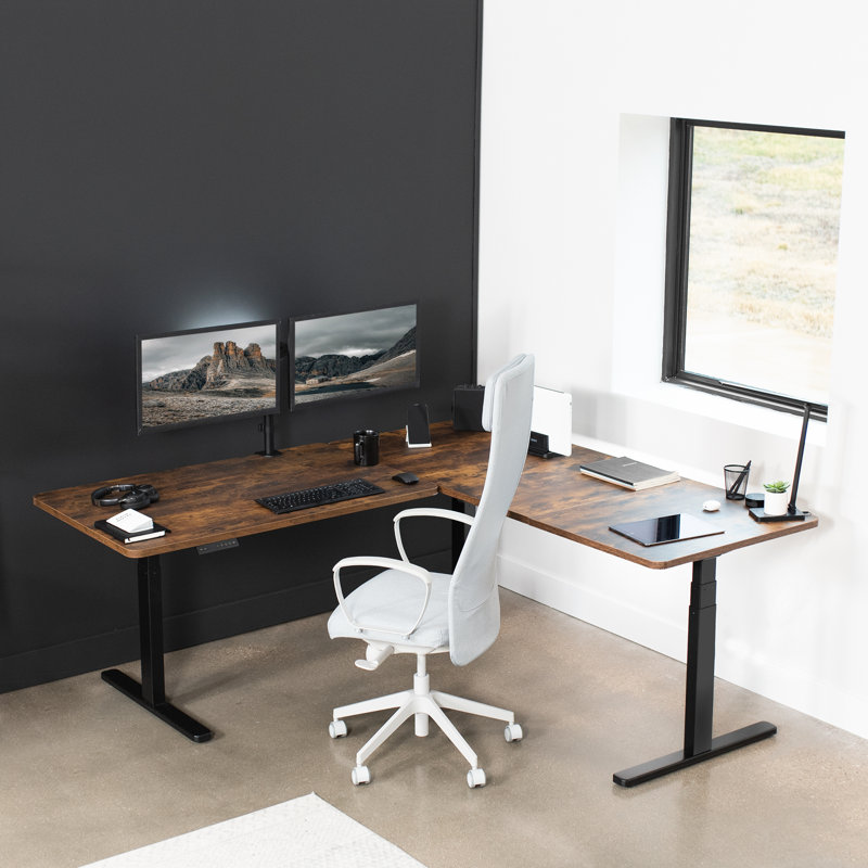 Vintage Brown and Black Adjustable Height L-Shaped Computer Desk