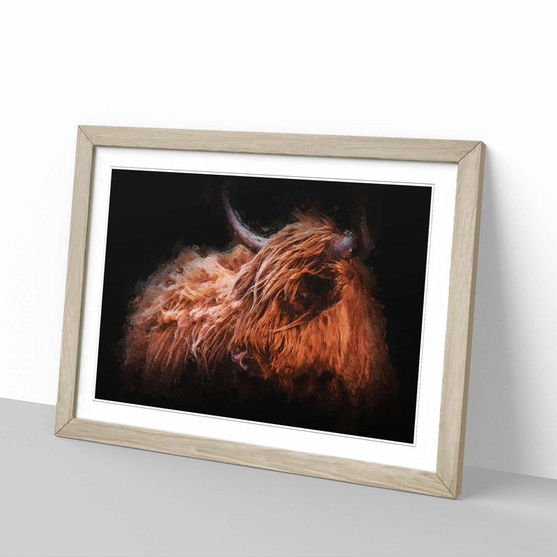 Highland Cow in the Shadows - Picture Frame Painting Print, 27cm H x 36cm W x 2cm D, Oak Framed