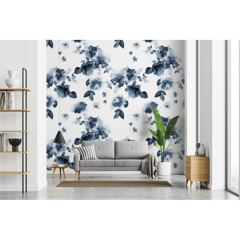 Papier peint aquarelle bleue sur fond blanc, L 37 po x l 56 po