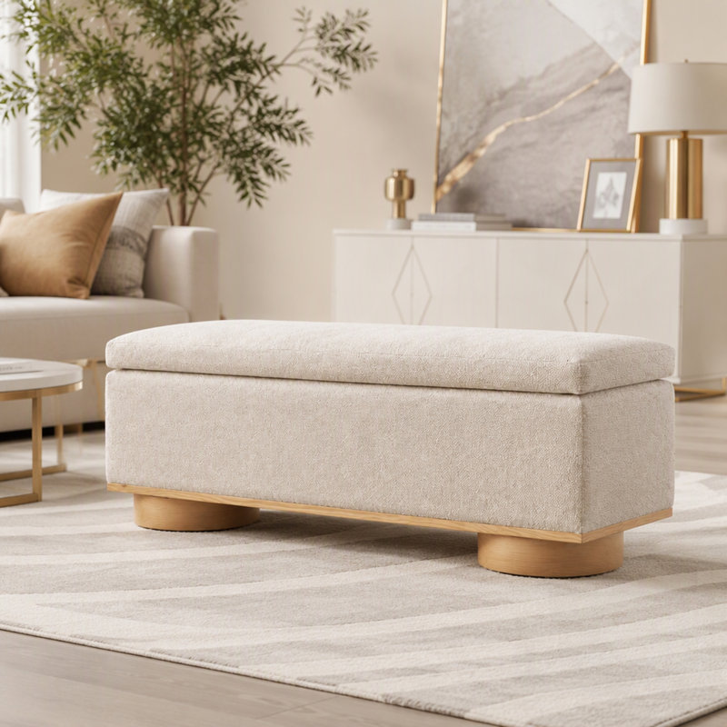 Pouf coffre moderne rembourré pour chambre ou entrée, avec compartiment caché spacieux et siège confortable.