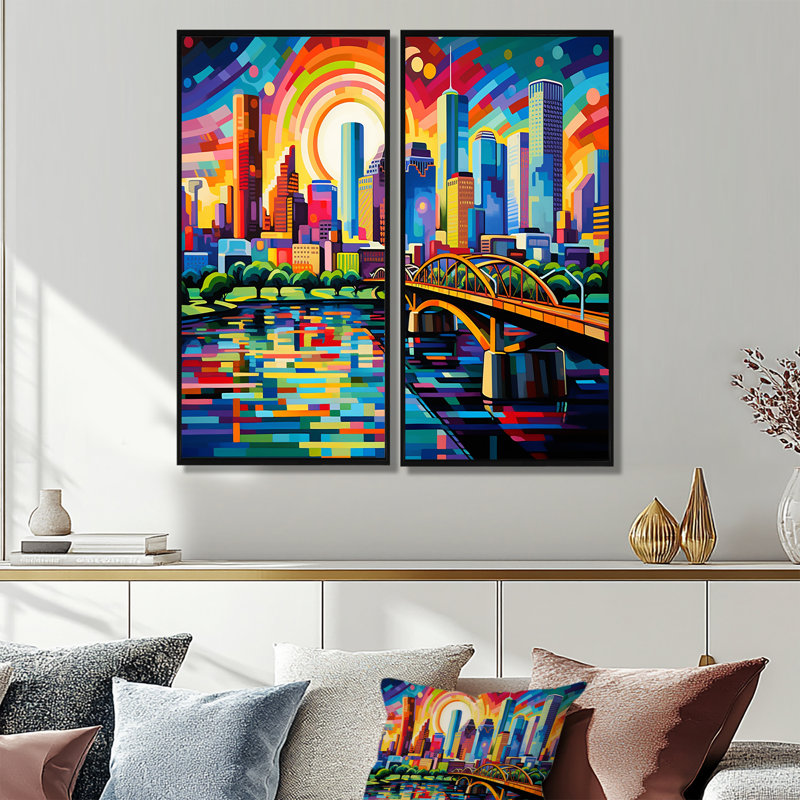 City Popart - ensemble d'art mural de Houston, 32" H x 32" W, Impression encadrée flottante, Black