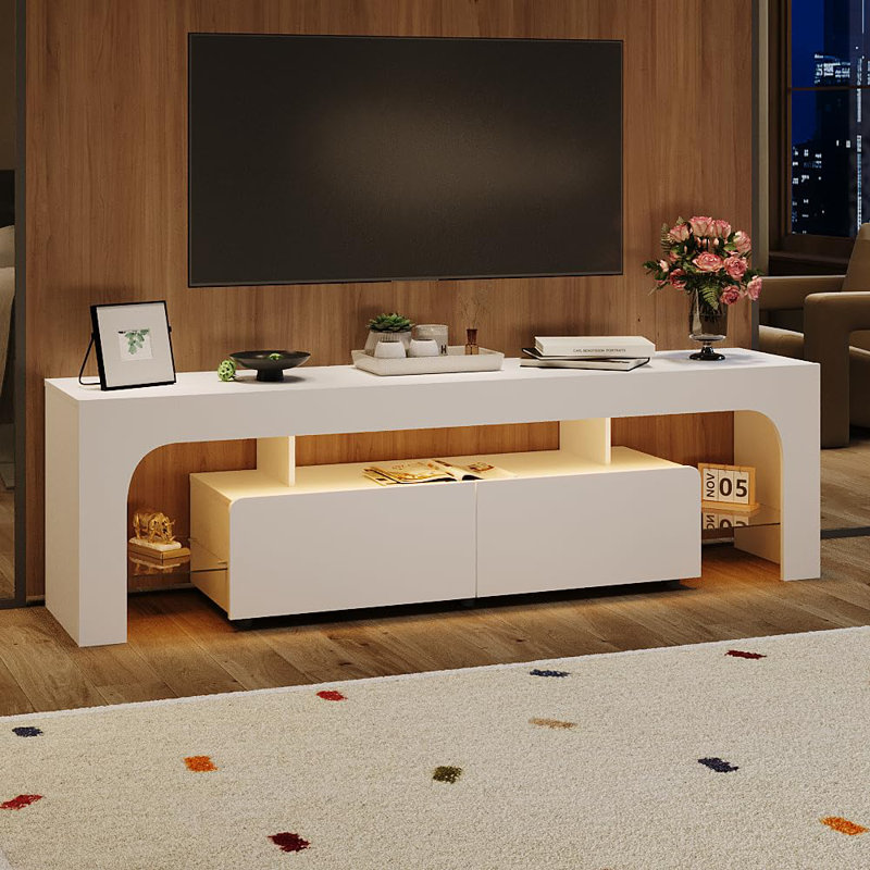 Meuble télé 63 po, meuble télé avec 2 tiroirs et tablette ouverte, Blanc