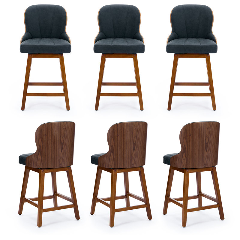Swivel Bar Stools Set of 6 Mid Century Modern Faux Leather Upholstered Counter Height Barstools,Kitchen Island Wooden Bar Chairs,25-Inch Armless Counter Stools with Wood Back and Legs