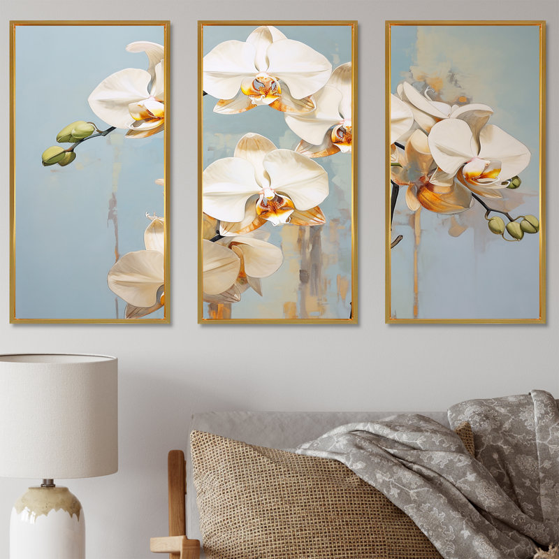Ensemble de décorations murales Beige Orchids Tranquility VII - Orchids, Cadre flottant doré, H 32 po x l 48 po x P 1 po