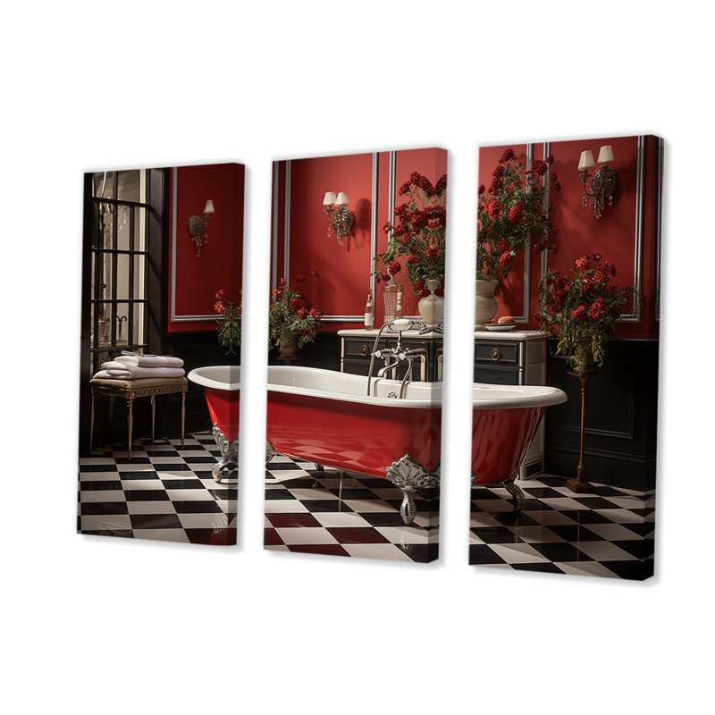 «Red Modern Bathroom Charm IV» sur toile, ensemble de 3 pièces, H 32 po x l 48 po x P 1 po