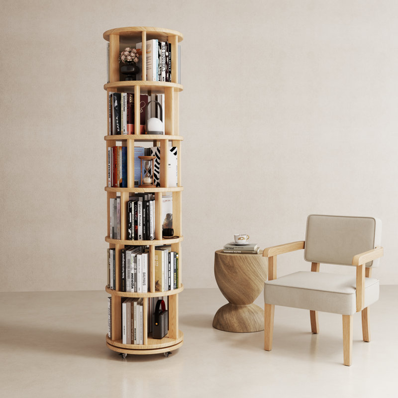 Oliver 360° Rotating Solid Wood Bookshelf, Equipped with Brake Wheels, Allowing for Flexible Adjustment, Tan