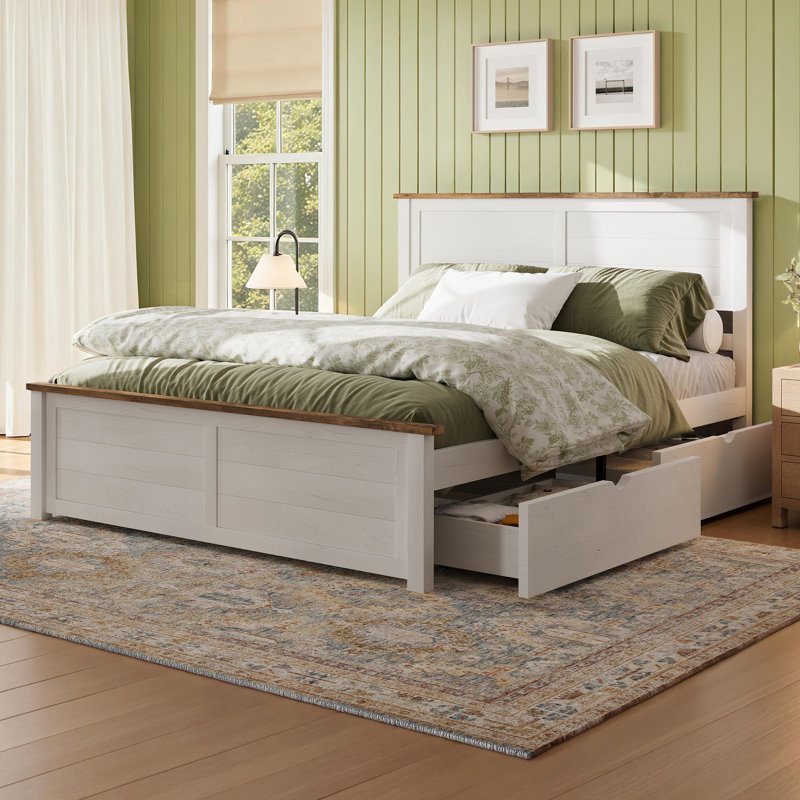  Full Size Solid Wood Platform Bed with 4 Storage Drawers, White/Brown, Full, Rustic White/Brown