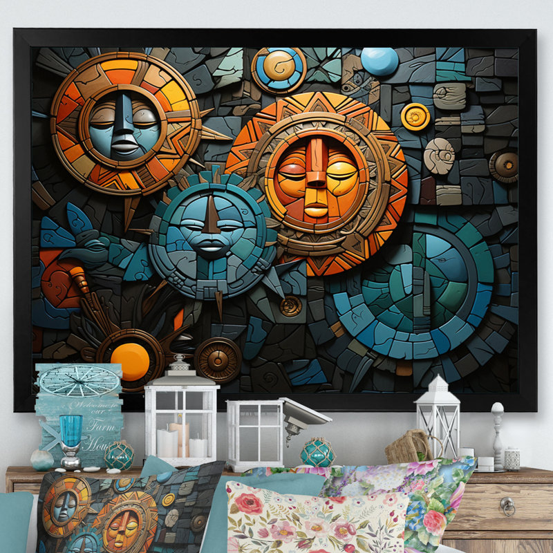 Mosaïque de culture africaine sur toile, Cadre simple noir, H 24 po x l 32 po x P 1 po