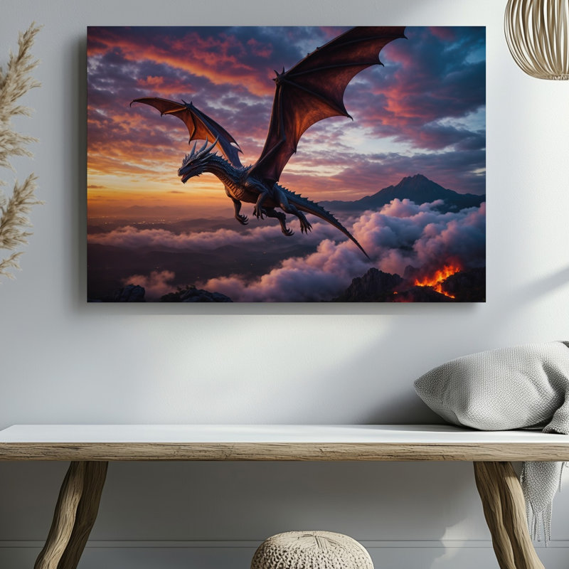 Toile, Un majestueux dragon survole un ciel éclatant au coucher du soleil, art mural, 16" H x 20" W