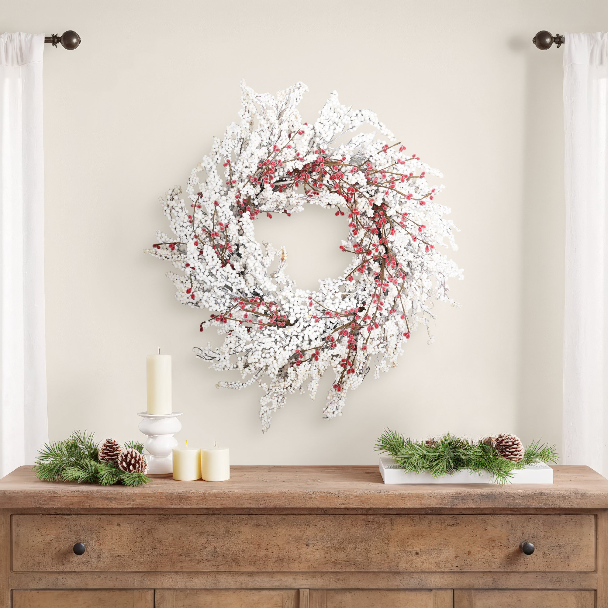 24" Artificial Farmhouse Berry Blossoms Cluster Christmas Day Winter Wreath For Front Door