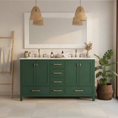 60'' Bathroom Vanity, Solid Wood Frame Bathroom Storage Cabinet, Freestanding Vanity Top with 2 Basin Green
