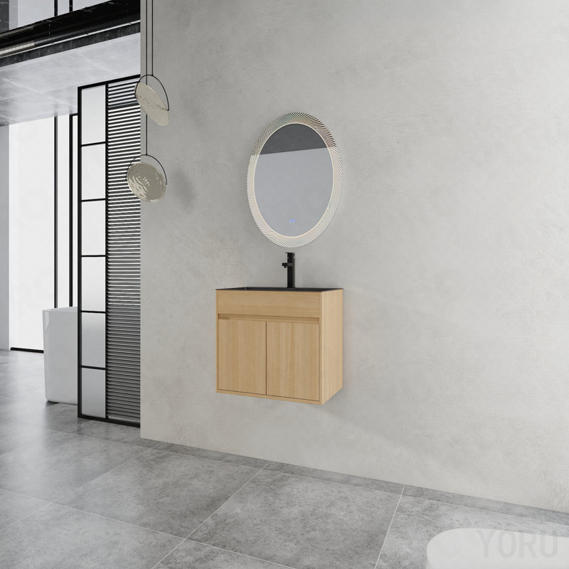 Armoire de salle de bain murale 28 po, avec lavabo en acier inoxydable et tuyau de vidange flexible, 2 portes à fermeture douce, chêne, contreplaqué, emballage Kd