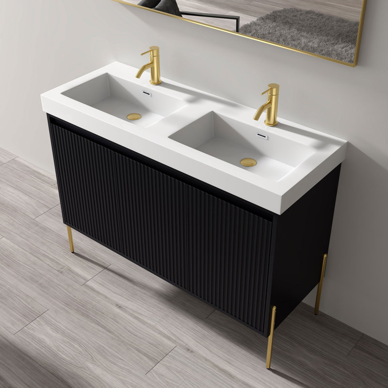 Meuble-lavabo double 48 po avec plateau en résine Raelee, Gris anthracite