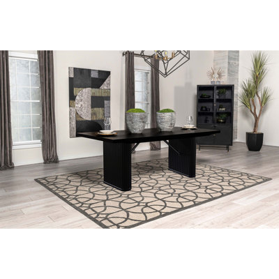 Table de salle à manger rectangulaire noire en placage de chêne à double piédestal de 6 à 30 po de hauteur, 42,55 de largeur, 83,5 de longueur, parfaite pour une pièce industrielle avec des pieds cannelés longs