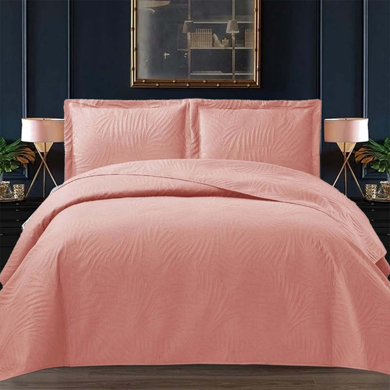 Polyester Floral Bedspread with Pillow Shams, Pink, Double Bedspread  + 2 Standard Pillow Shams