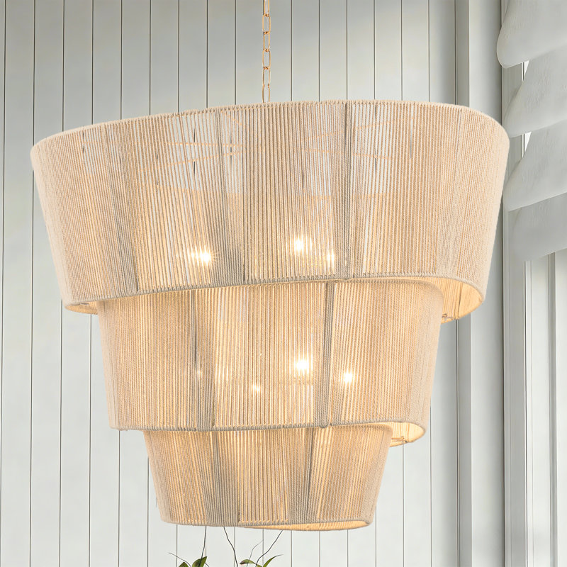 8 - Light 30"W Beige Modern 3 Tiered Drum Chandelier with Hand-Woven Rattan Shade for Dining Room or Living Room, Beige