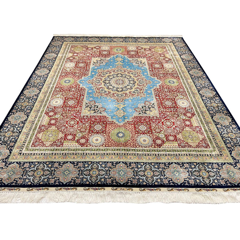 Tapis turc 8 x 10 rouille et bleu marine en soie