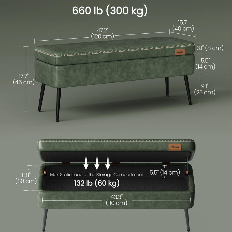 Banc de rangement en cuir, Avancé, Vert forêt