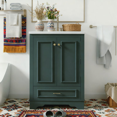 Ensemble de meuble-lavabo 24 po avec lavabo en céramique, armoire de rangement autoportante moderne avec poignées argentées, portes à fermeture douce