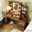 Bureau de maquillage avec miroir lumineux, 5 tiroirs et tablettes de rangement ouvertes-1220649605