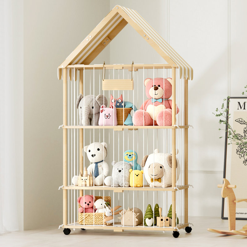 Stuffed Animal Storage House With Wheels, 3 Tier Wooden Toy Organizer For Kids