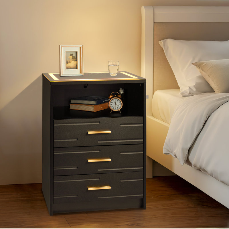 LED Nightstand with Wireless Charging, Touch Screen Glass Top, Adjustable Lights, and 3 Drawers - Smart Bedside Table for Bedroom, Black