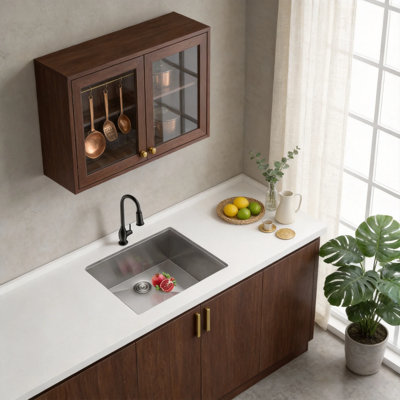 Évier de cuisine encastré de 58 cm (23 po), en acier inoxydable T304 de calibre 16, à une cuve, fini nickel brossé, profondeur de 23 cm (9 po), avec grille de fond et égouttoir, compatible avec un meuble de 66 cm (26 po).