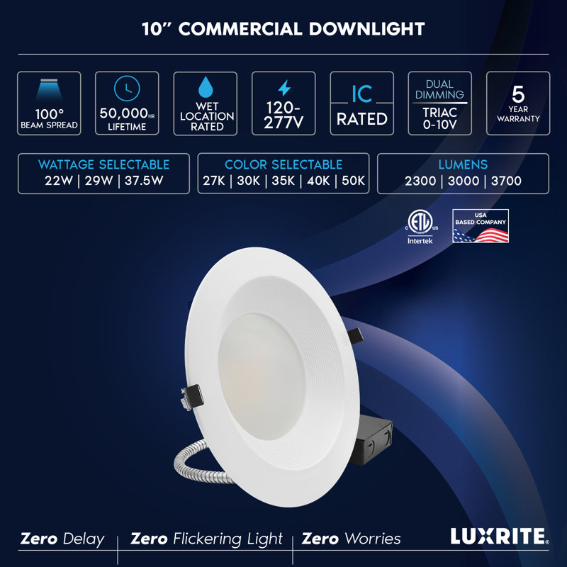 10 po Luxrite Luminaire encastré commercial à DEL, Downlight Canless avec J-Box, 5CCT, à intensité variable, 22W-37W, jusqu'à 3700LM, calibre IC, 120-277V, garniture de cloison ETL