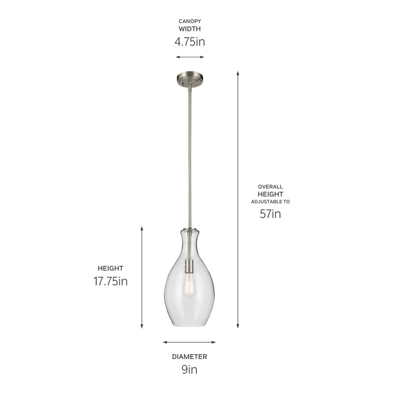 Luminaire suspendu en forme de cloche à 1 lumière 17,75 po avec verre bullé transparent, Nickel