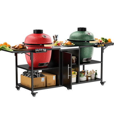 Grill Table For Two Big Egg And 18 Inch - Outdoor Metal Cart With 6 360 Wheels, 4 Lockable, Black Silver, 109.76 Lb, 34.79 In Height, 25.79 Width, 102.51 Depth, Integrated Cabinets, Open Shelves, 2