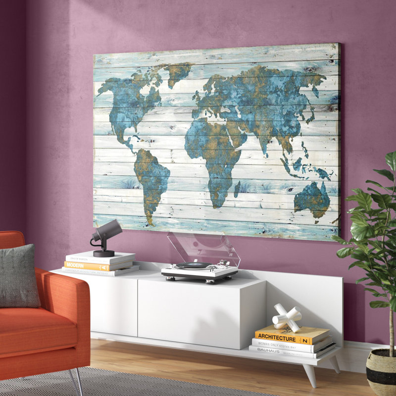 Carte du monde sur bois par Jamie Macdowell - reproduction, Toile tendue, Sans cadre, H 18 po x l 26 po x P 1,5 po