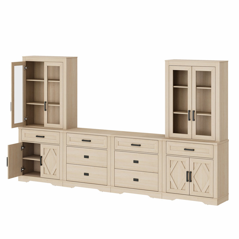 Farmhouse 4-In-1 TV Stand For 70 Inch Tvs, Extra-Large Entertainment Center With Tall Bookcases, 8 Drawers & Barn Door Cabinets, Media Console For Living Room, Bedroom, Beige