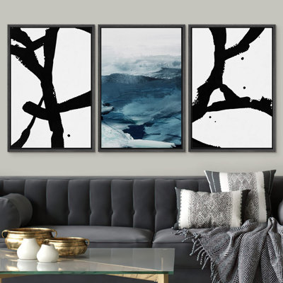 " Abstract Paint Strokes With Blue Mixed Media Black And White Modern Art Rustic Scenic Cool " 3 - Pieces