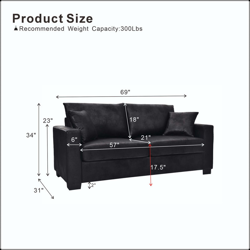 Canapé 69 po 2 places avec tissu en aluminium, coussins décoratifs et pieds en plastique, Polyester noir