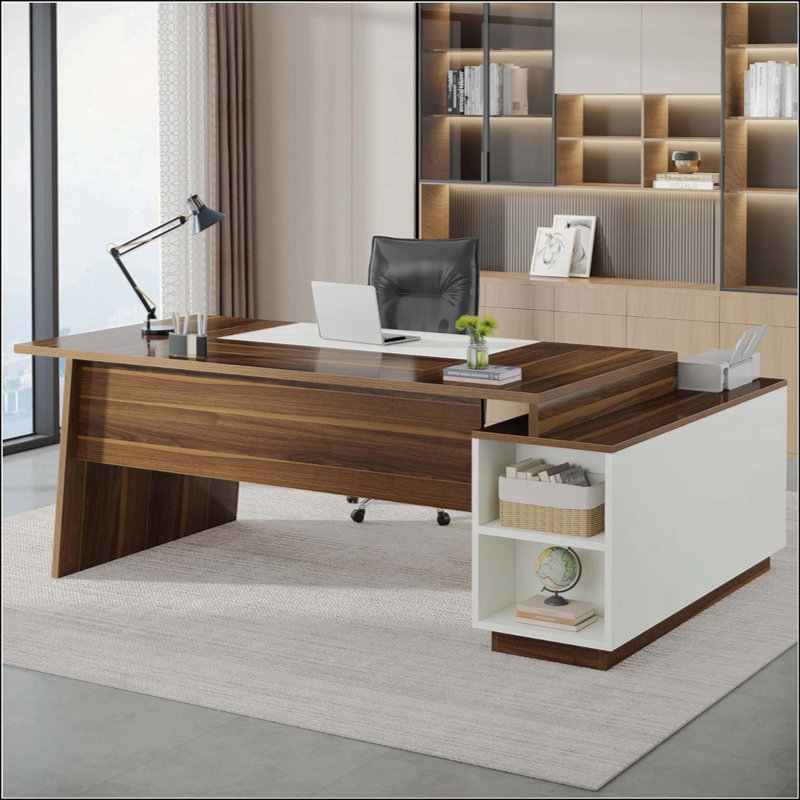 Bureau de direction en L avec armoire de rangement et tablettes, grand poste de travail moderne de style Mid-Century pour le bureau à domicile