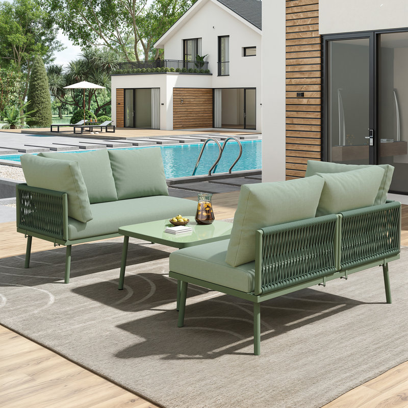 L Shape Garden Furniture Set With Cushions, Green
