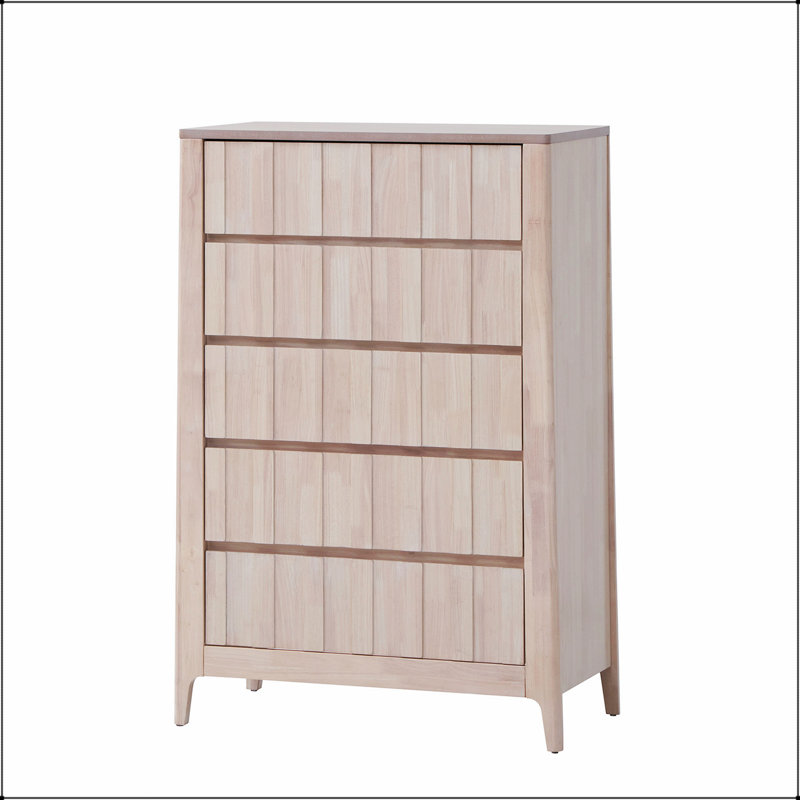 Commode 1 pièce de style Mid-Century moderne avec poignées cachées, pieds évasés et finition blanche délavée verticale pour la chambre à coucher