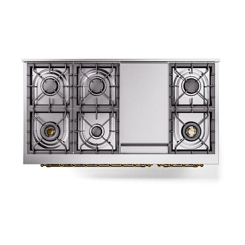 ILVE Nostalgie II Noblesse 48 in Dual Fuel Range, 8 Burner, Griddle, Stainless Steel/Brass, Liquid Propane