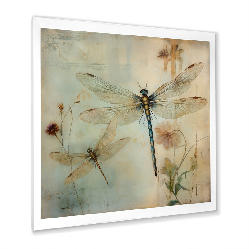 Peinture rétro de libellule volant I - grande libellule, art mural, H 16 po x l 16 po x P 1 po, Cadre simple blanc