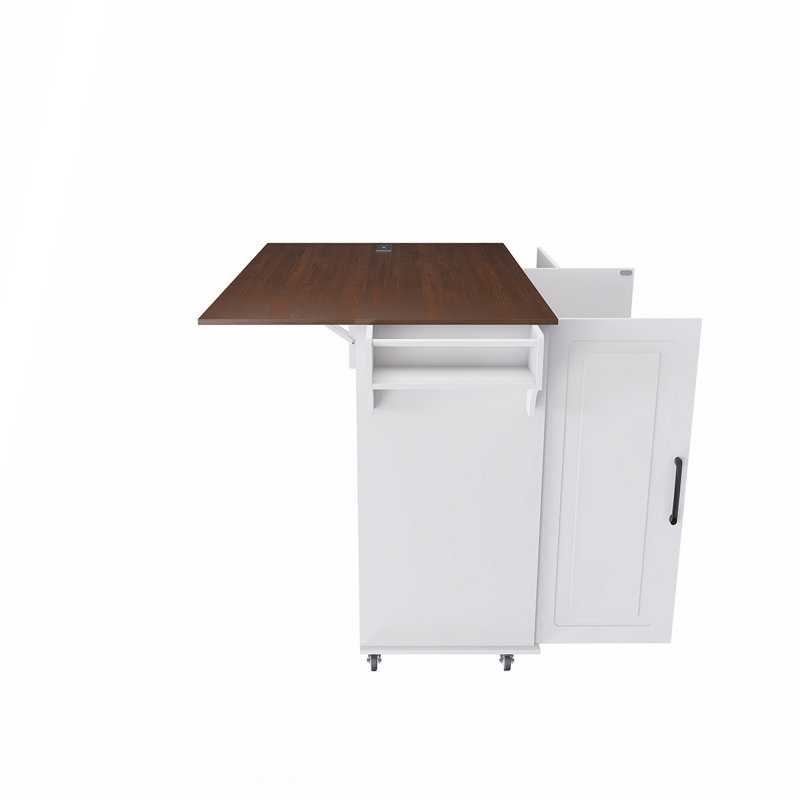 Chariot d'îlot de cuisine blanc avec plateau de table pliable, abattant et rangement - Bar à déjeuner mobile sur roulettes
