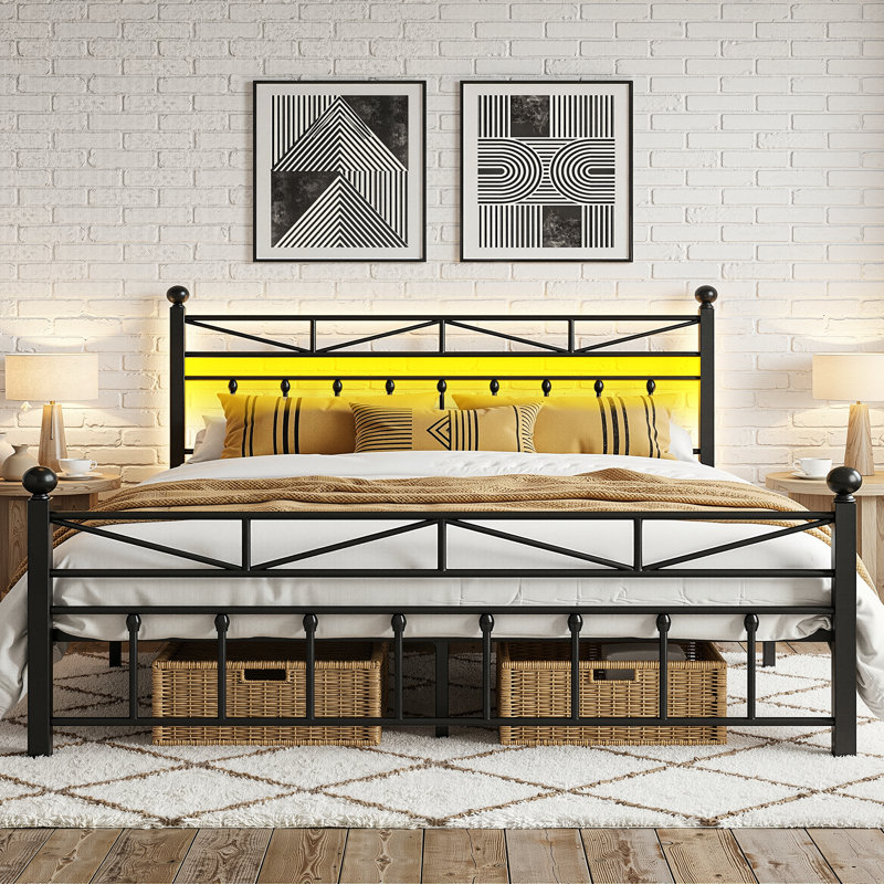 53.6" H Metal Platform Bed with LED Lights and Vintage Headboard, Black, King