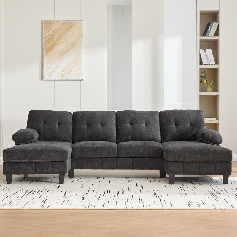 103.5"W 4-Piece Upholstered Sectional, Black Chenille