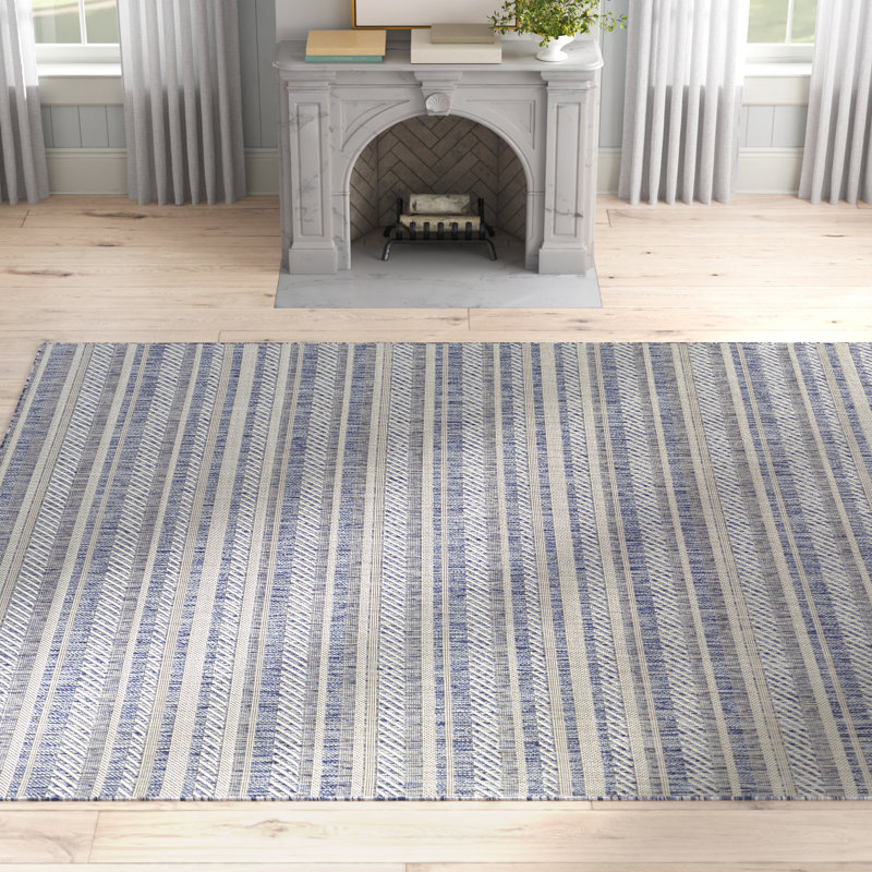 Tapis rayé bleu / gris Valentin / intérieur / extérieur, Rectangle 8 pi 10 po x 12 pi