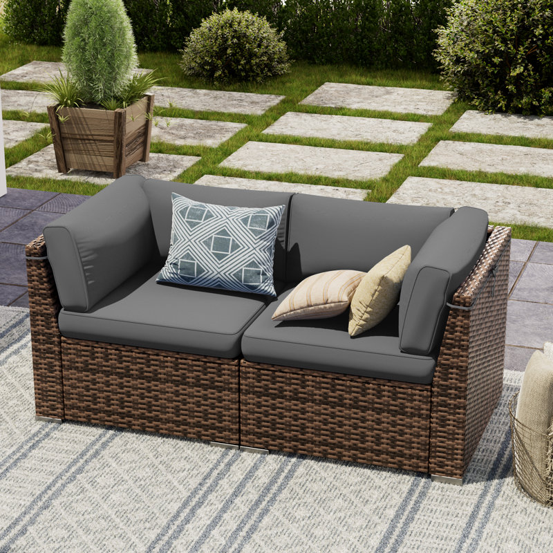 2 Piece Rattan Sectional Seating Group With Cushions, Gray
