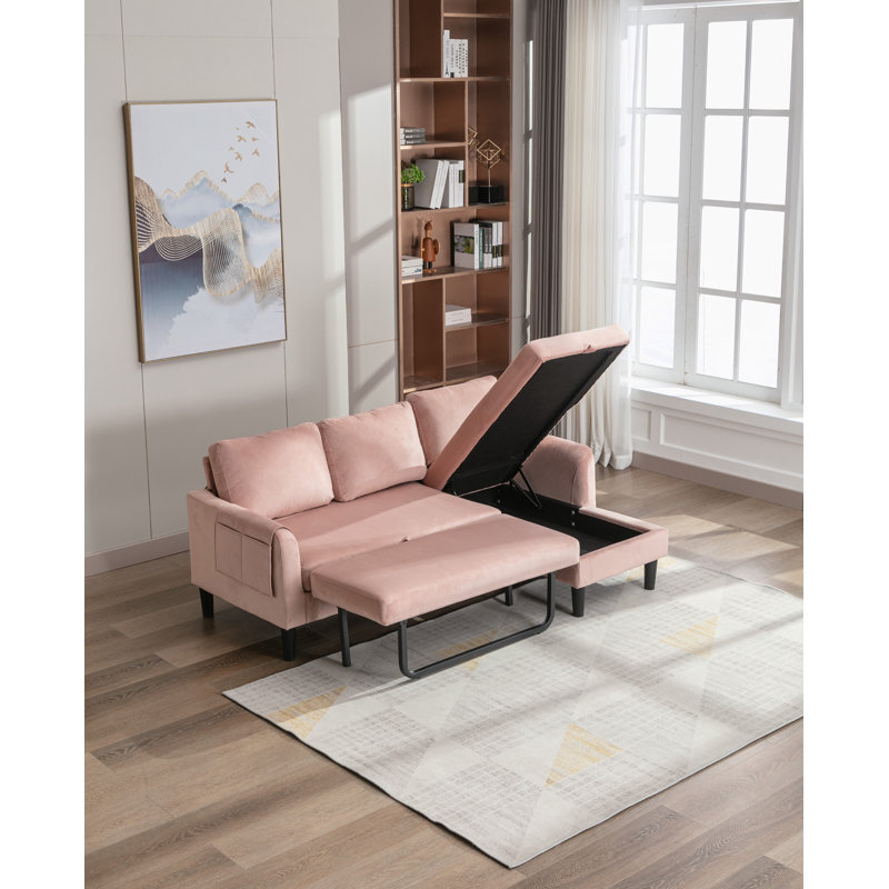 Ermon Upholstered Sofa Reversible Sectional Sleeper with Storage Chaise, Side Pocket, Pink Polyester